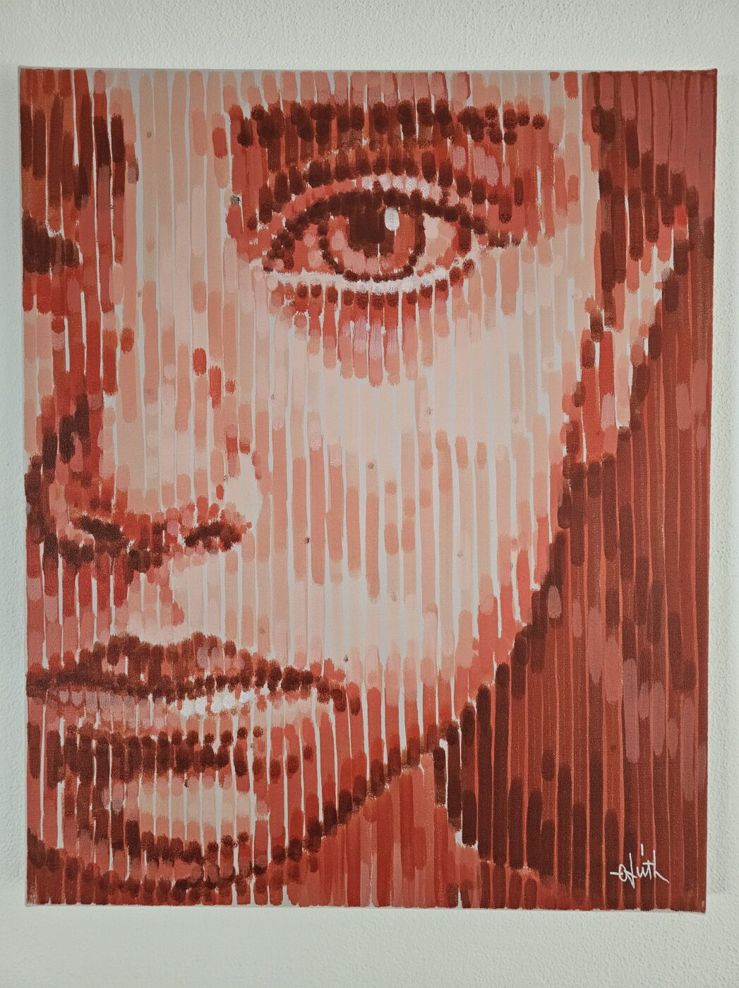 Half portrait of a sad girl painted with vertical acrylic lines in pink and red by Odeith