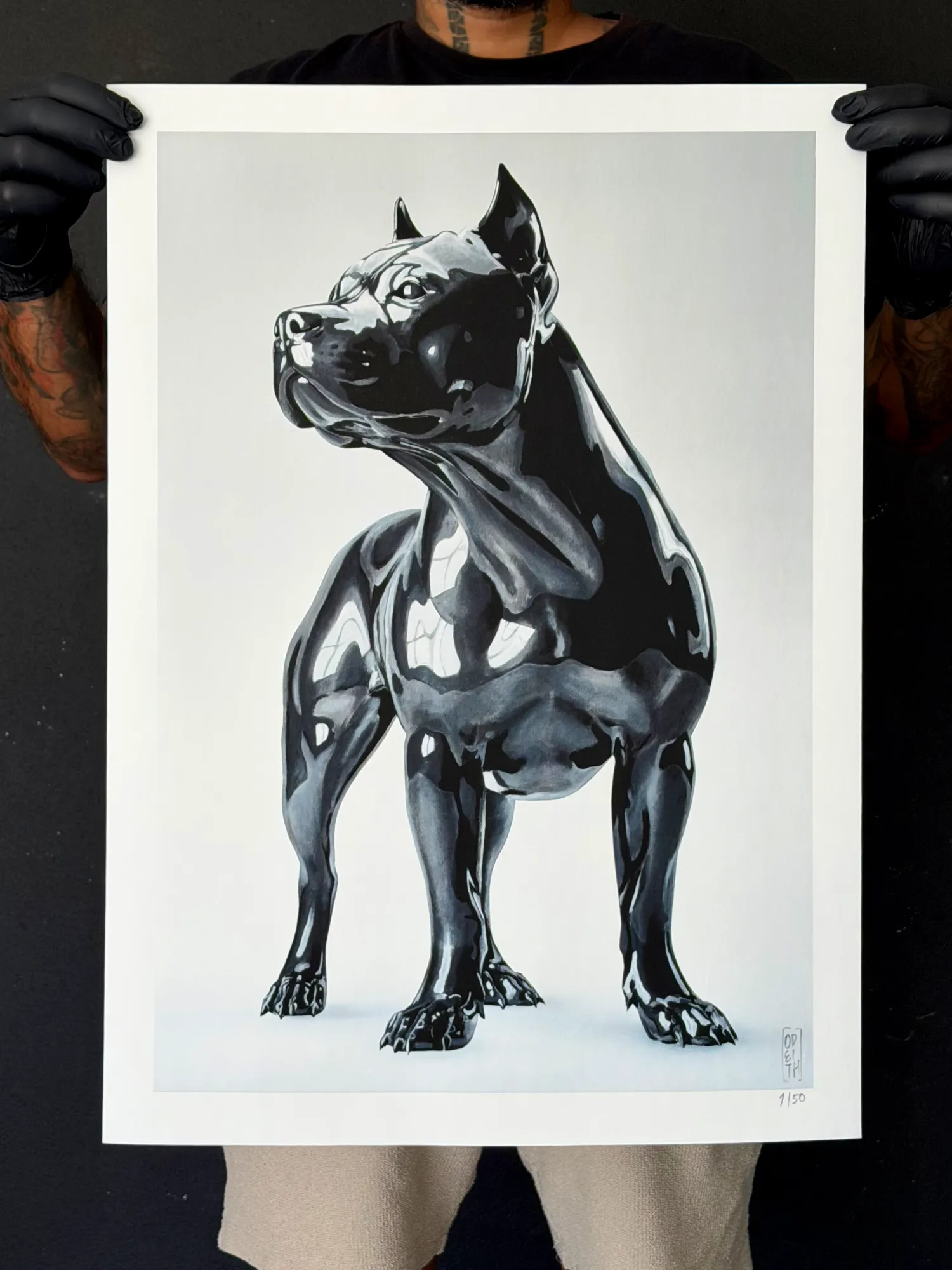 Sentinel pitbull fine art print by Odeith featuring a glossy black porcelain-inspired finish