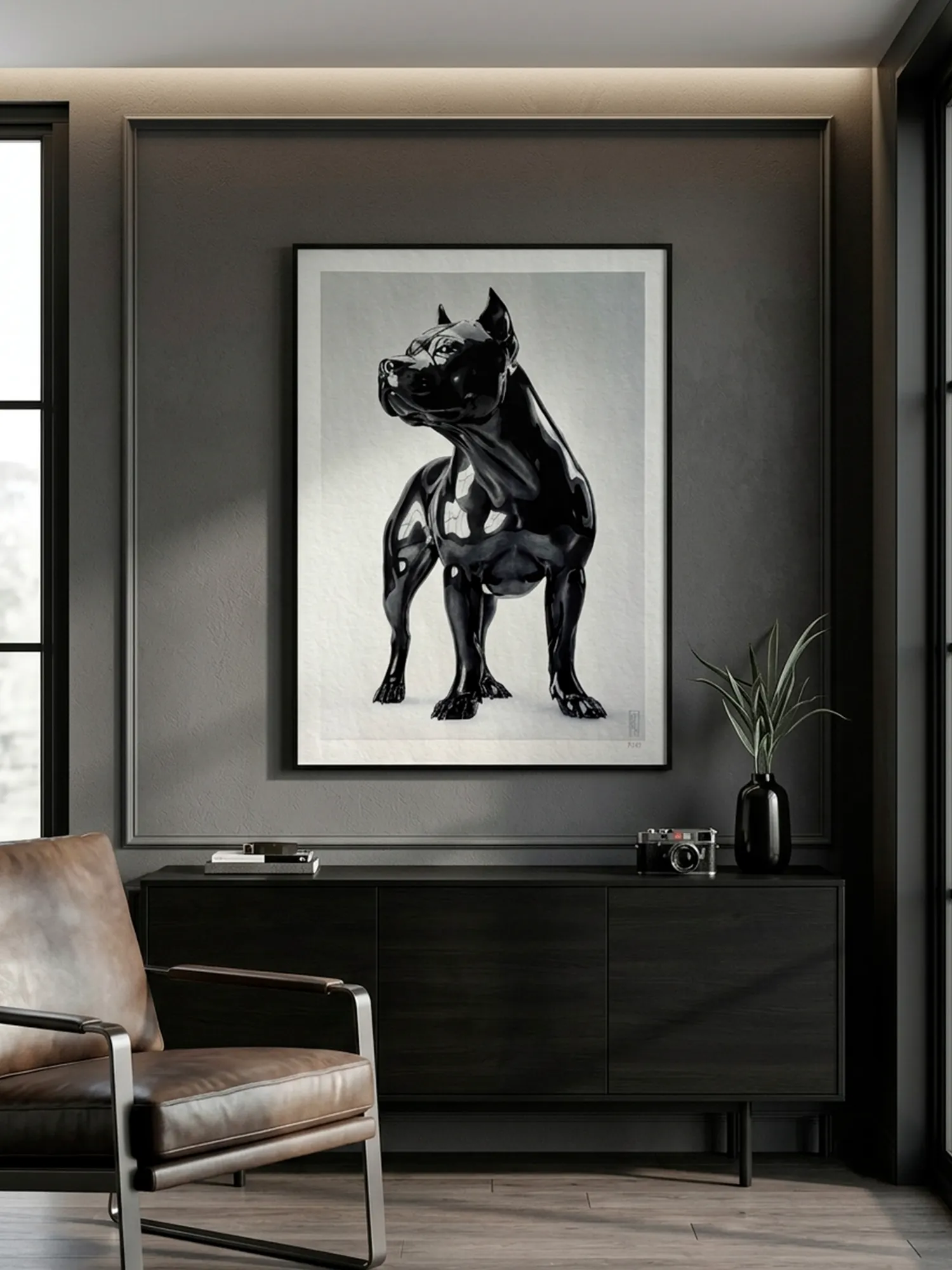 example of Sentinel pitbull print showing reflective black porcelain effects and sculptural highlights
