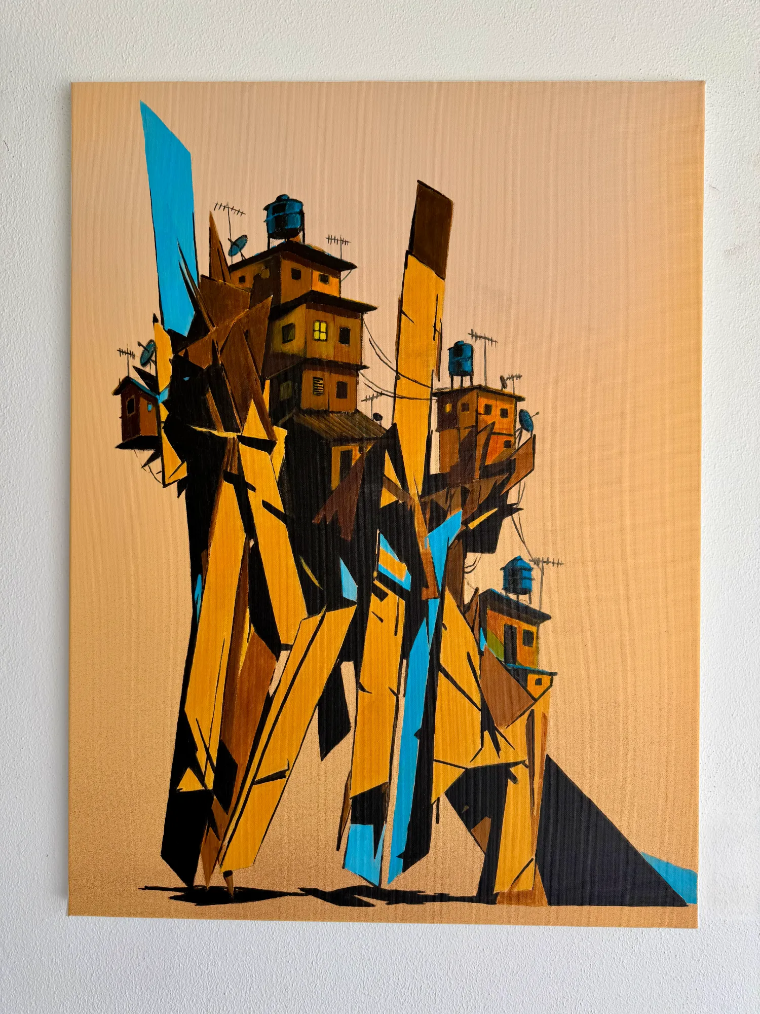 Skyline Stories, original acrylic painting on canvas by Odeith featuring sculptural lettering with integrated hillside architecture in warm earth tones.