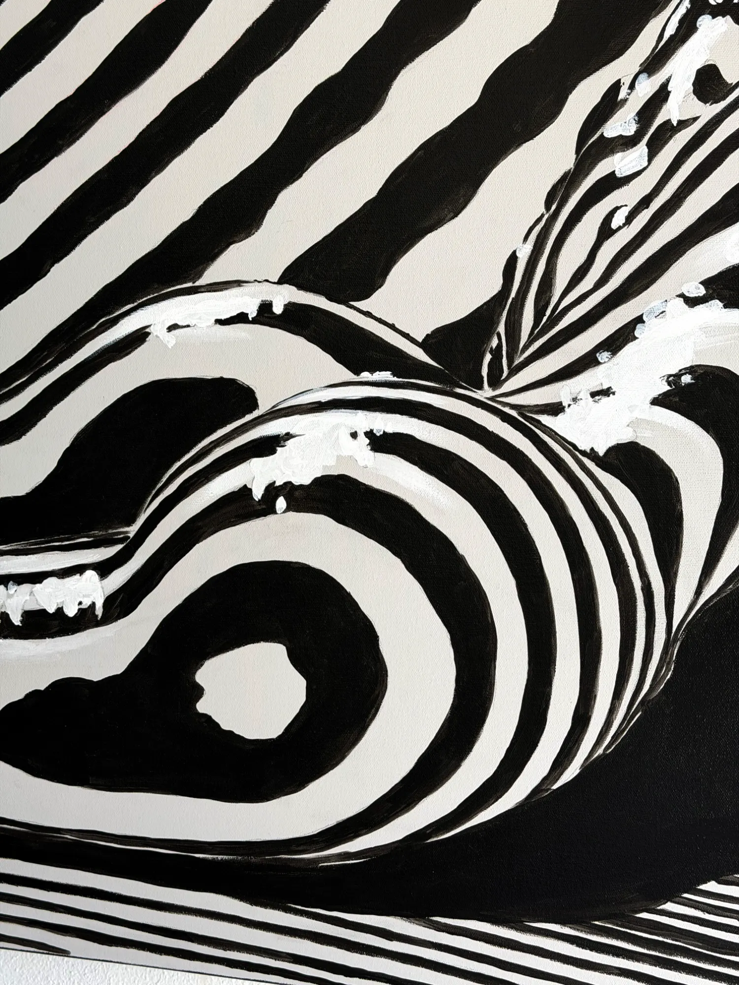 Close-up detail of Contours acrylic painting by Odeith, showing expressive black lines