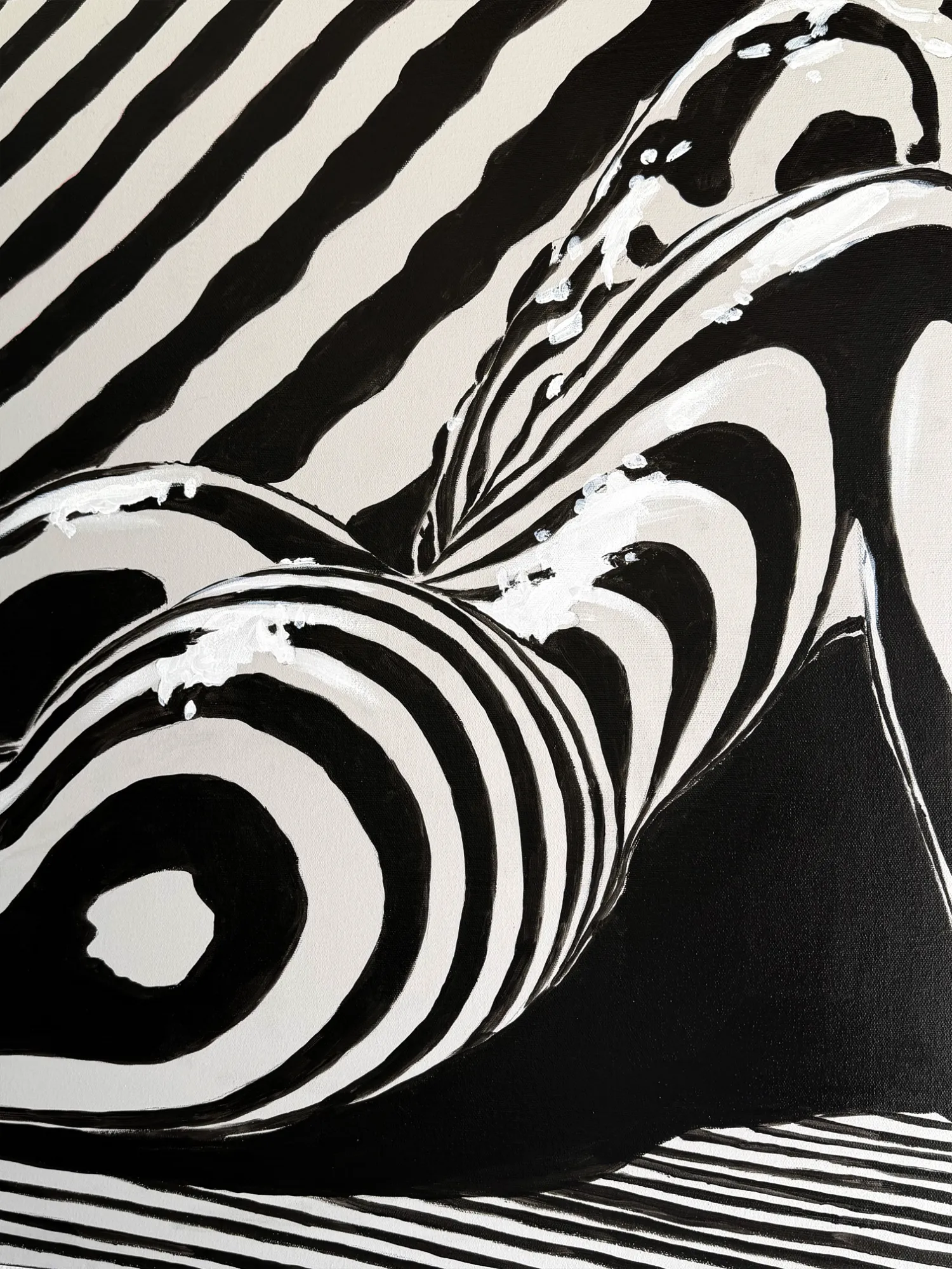 Close-up of Contours painting by Odeith, showing the female silhouette created with black and grey lines