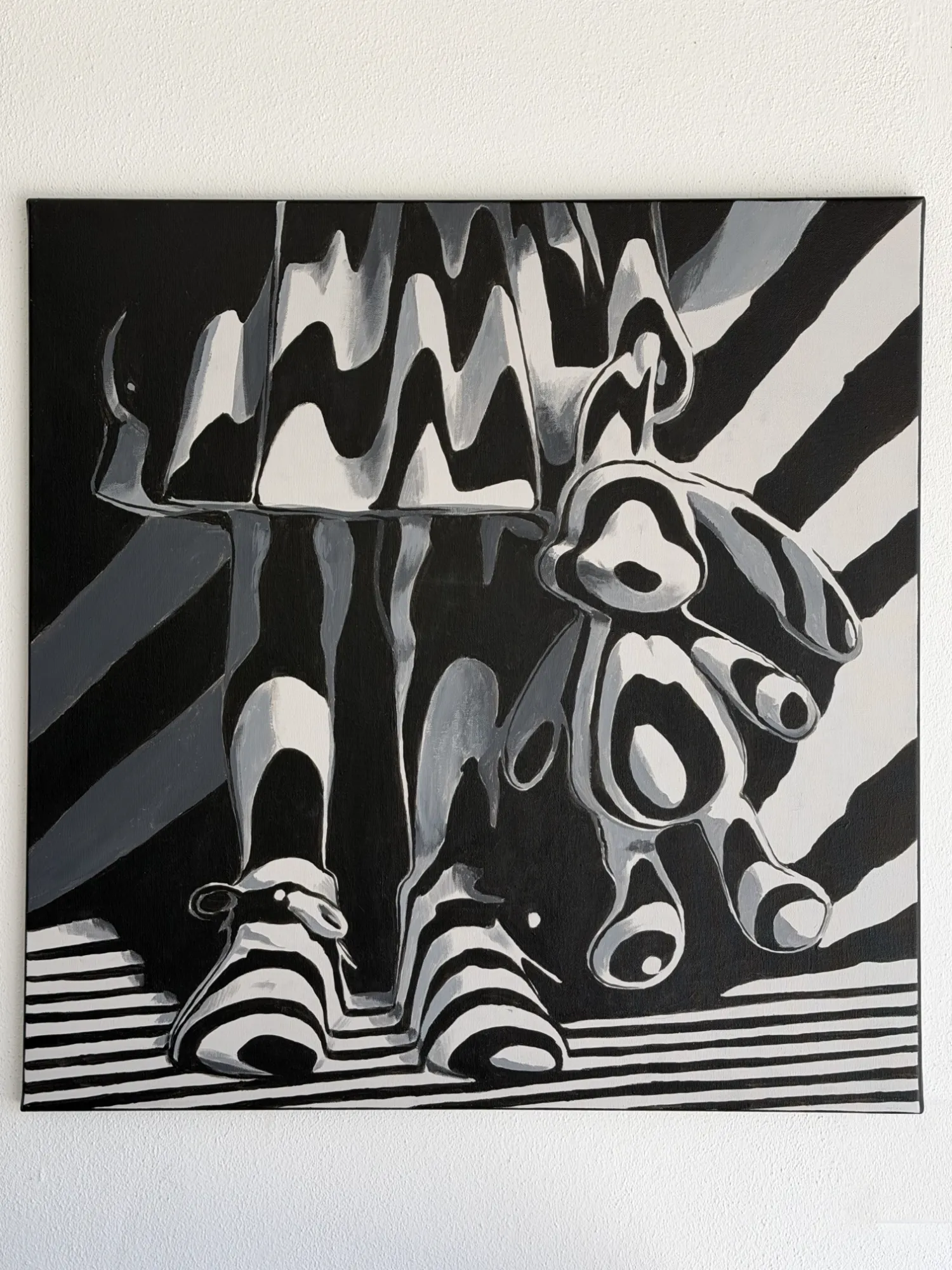 Forgotten Corner black and white acrylic painting by Odeith, 70 × 70 cm