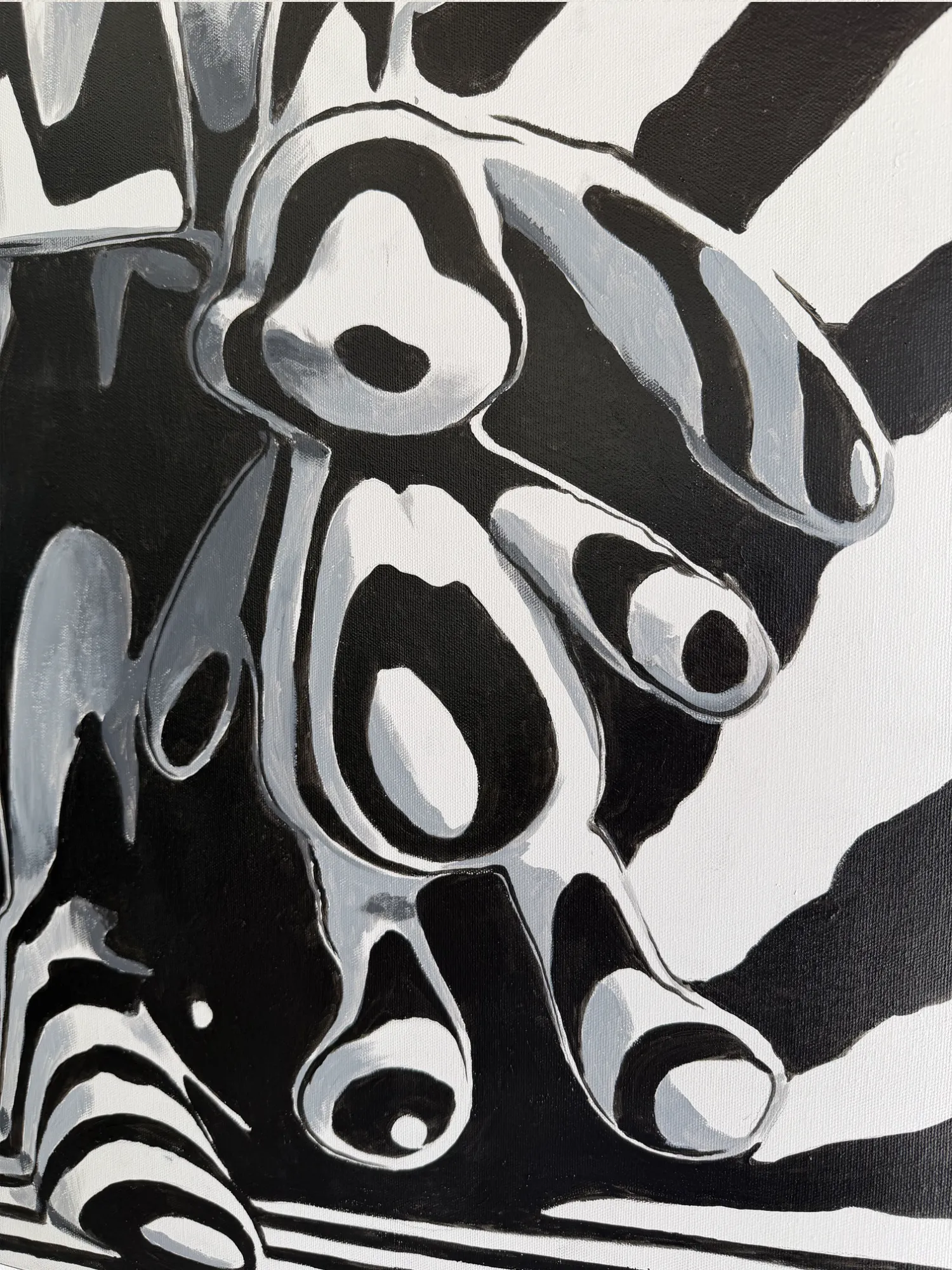 Close-up detail of Forgotten Corner acrylic painting by Odeith, showing expressive black lines and shading