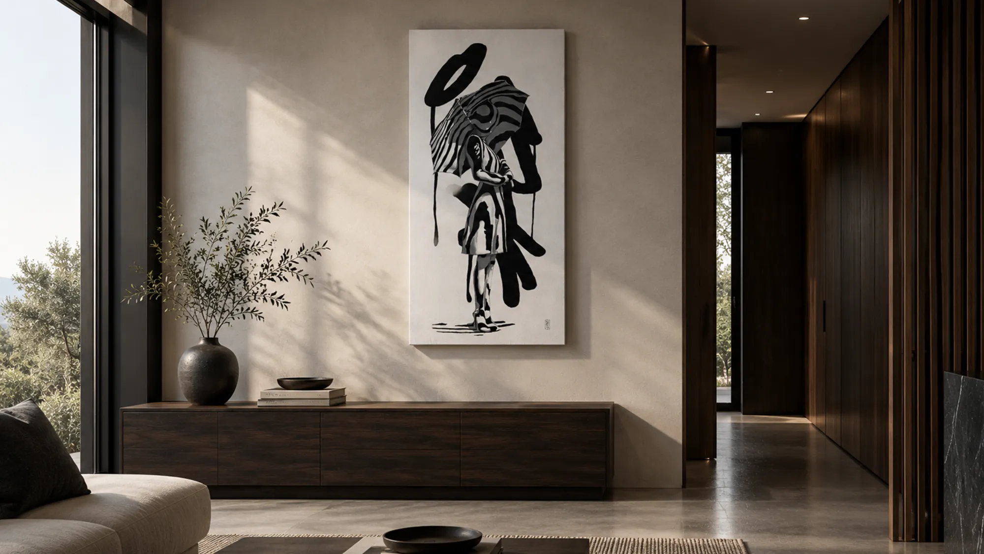 The Space Between Moments by Odeith displayed as a contemporary black and white artwork in an interior setting
