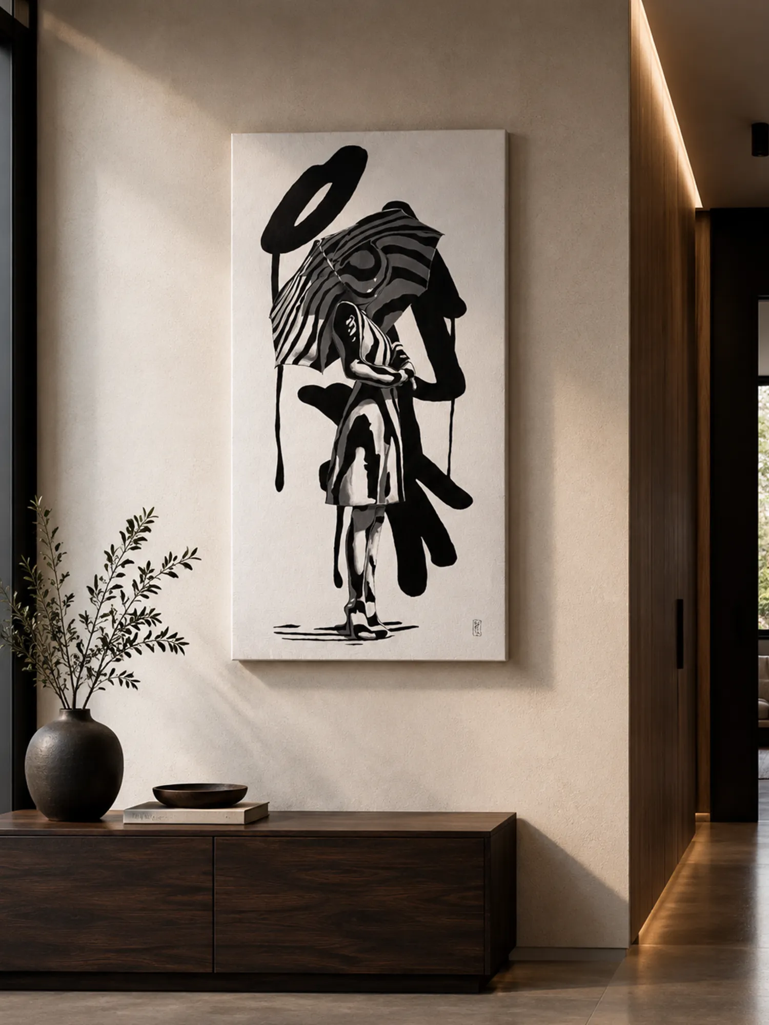 The Space Between Moments by Odeith displayed as a contemporary black and white artwork in an interior setting