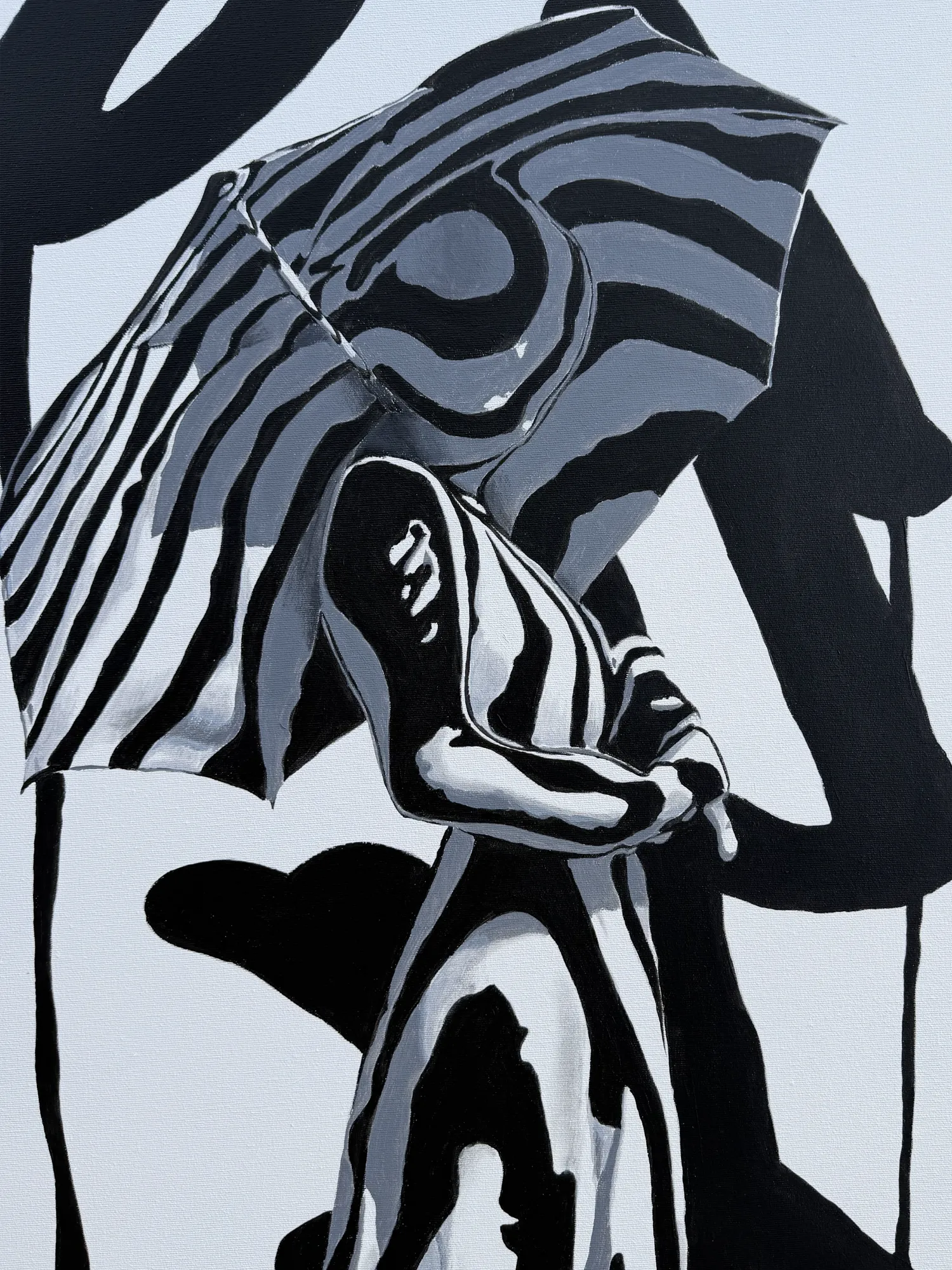 Close-up of The Space Between Moments by Odeith, showing bold black stripes and expressive brushwork