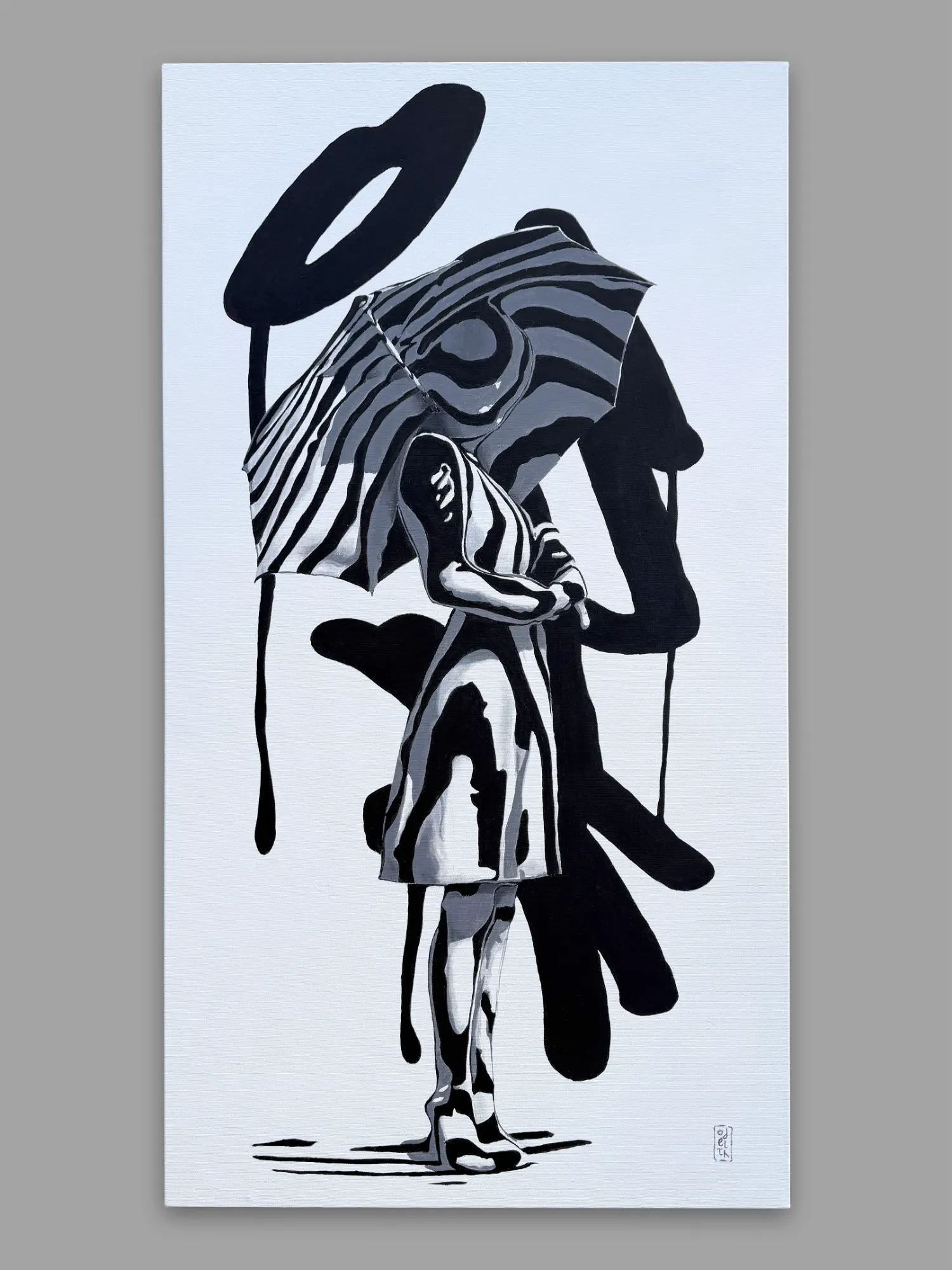 The Space Between Moments, original black and white painting by Odeith depicting a woman beneath an umbrella