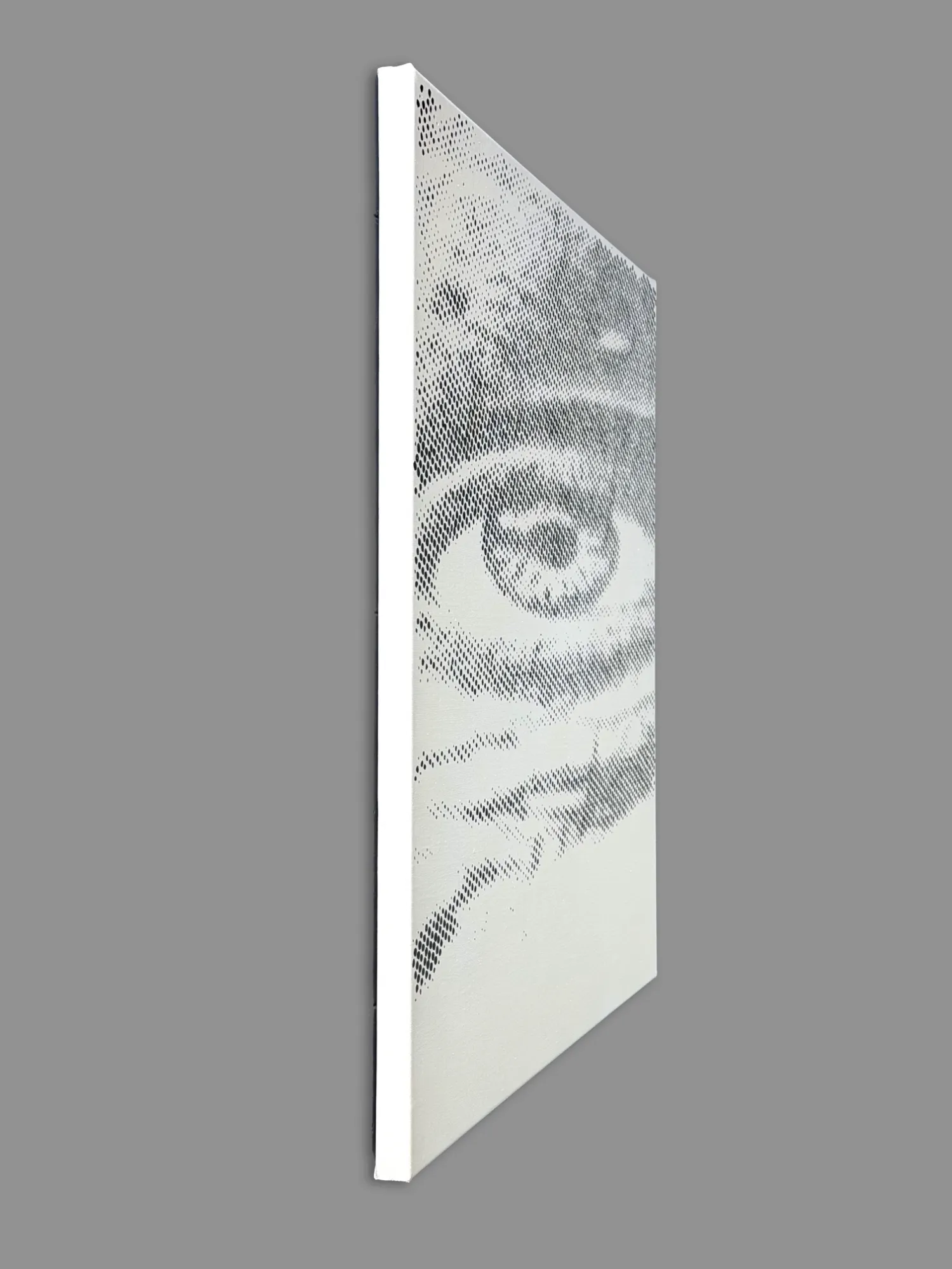 Minimalist halftone eye painting on linen canvas seen from the left angle showing correct anamorphic alignment.
