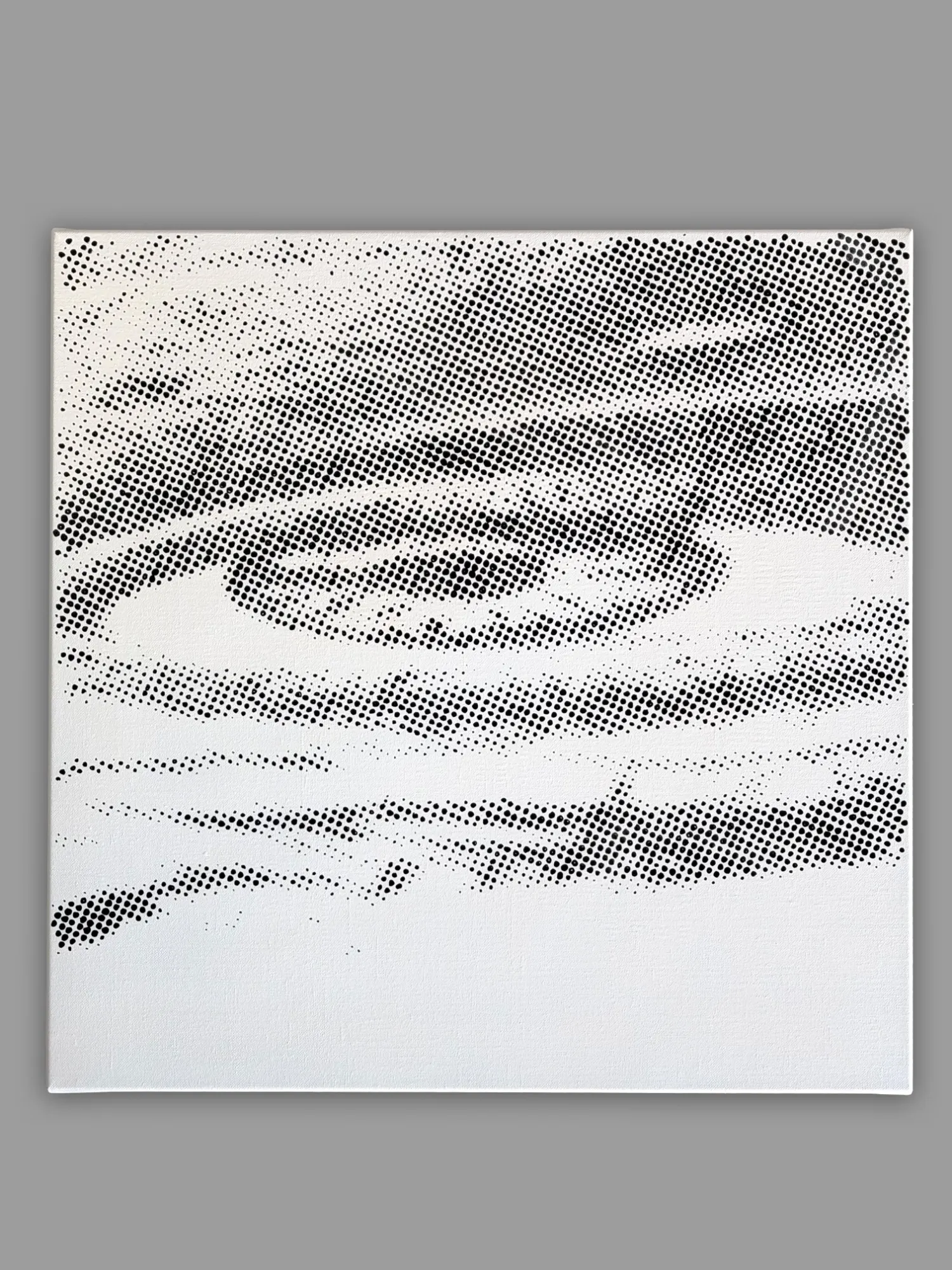 Frontal view of Dot Matrix painting showing a stretched black dot pattern on white background.