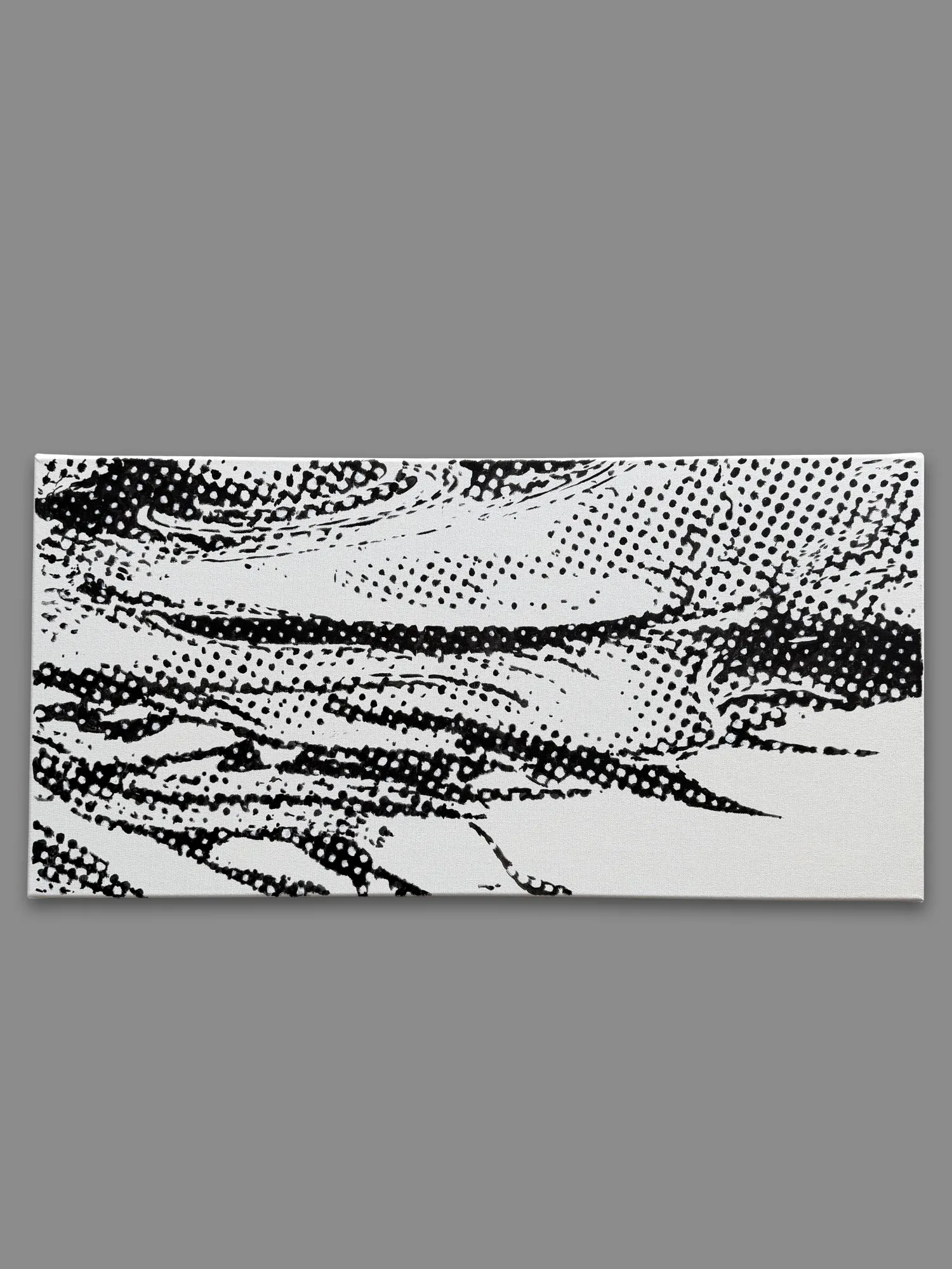 Black and white halftone acrylic painting on canvas showing abstract digital noise texture when viewed directly from the front.